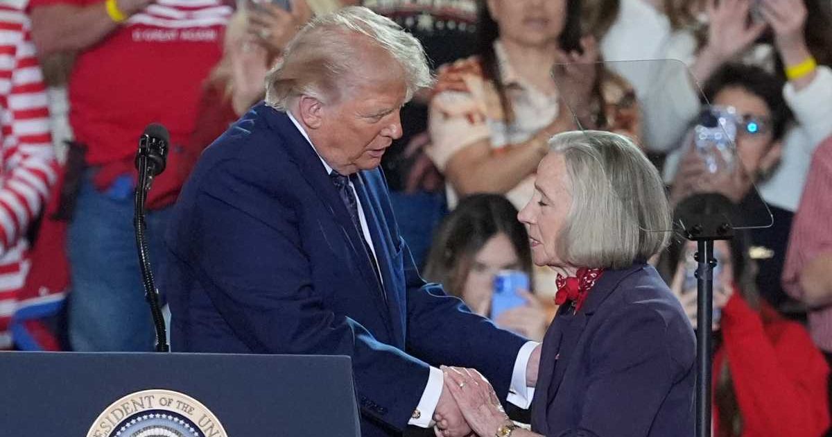 Trump greeted Alison Crowther, mother of Welles Crowther, during a Rockland County event in Suffern, New York (AP Photo/Alex Brandon)