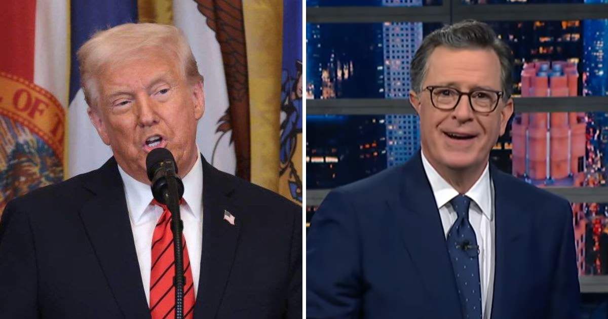 Donald Trump celebrated the end of 'The Late Show' with an AI-generated video of him lifting Stephen Colbert into a dumpster (Getty Images, The Late Show with Stephen Colbert/YouTube)