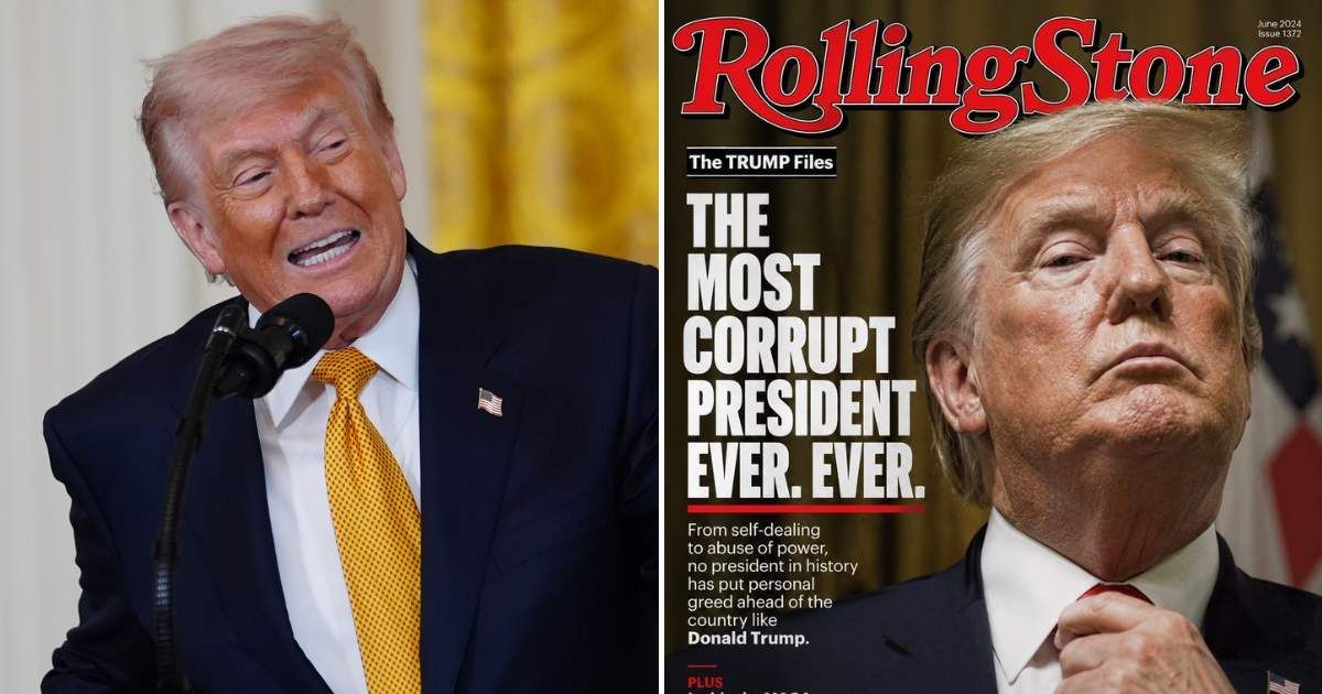 An image of a purported June 2024 Rolling Stone cover featuring Donald Trump has gone viral on social media (AP Photo, @Damaan4u33/X)