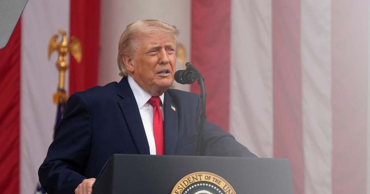 President Donald Trump speaks during the 158th National Memorial Day Observance coinciding with the nation's 250th anniversary, at the Memorial Amphitheater in Arlington National Cemetery, Monday, May 25, 2026, in Arlington, Va (AP Photo/Alex Brandon)