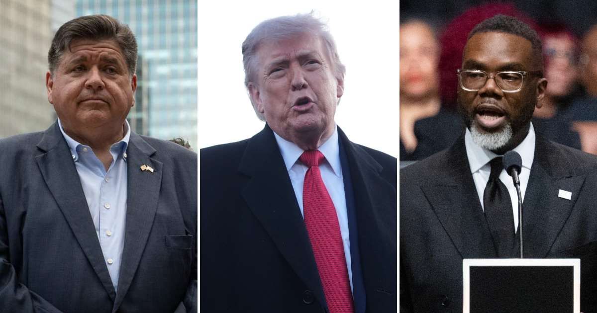 Trump criticized Chicago Mayor Brandon Johnson and the Illinois Governor after the teen driver struck five patrolling police officers during a chaotic Memorial Day weekend takeover  (AP Photo/Mark Schiefelbein, Getty Images)
