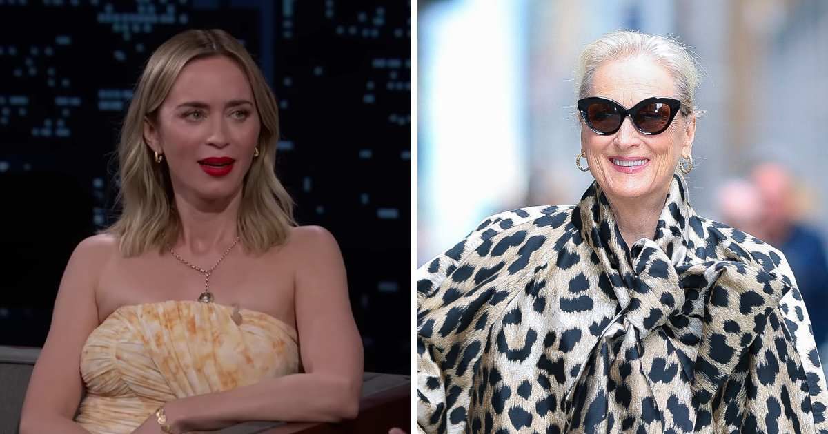 Emily Blunt recalled Meryl Streep reluctantly dancing to ‘Mamma Mia’ at her 2010 Lake Como wedding to John Krasinski (Screengrab/Jimmy Kimmel Live/YouTube, Getty Images)
