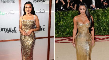 Mindy Kaling takes a page from Kim Kardashian's playbook as she stuns in gold sequined gown