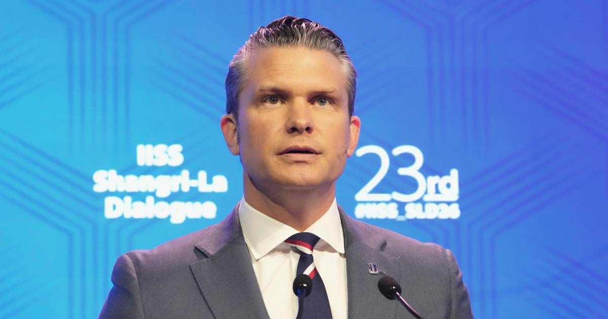 Defense Secretary Pete Hegseth delivers his address during the Shangri-La Dialogue, Asia's annual defense and security forum, in Singapore, Saturday, May 30, 2026 (AP Photo/Achmad Ibrahim)