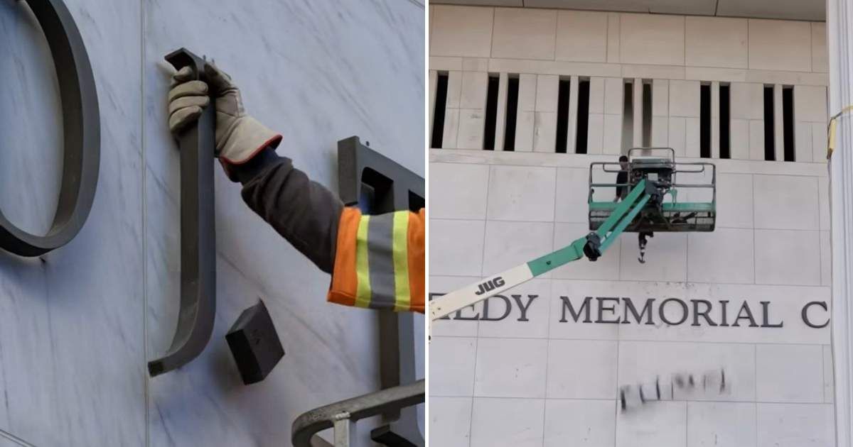 An Instagram video claimed to show President Donald Trump's name being removed from the Kennedy Center as spectators cheered the move (@cabracabaret/Instagram)