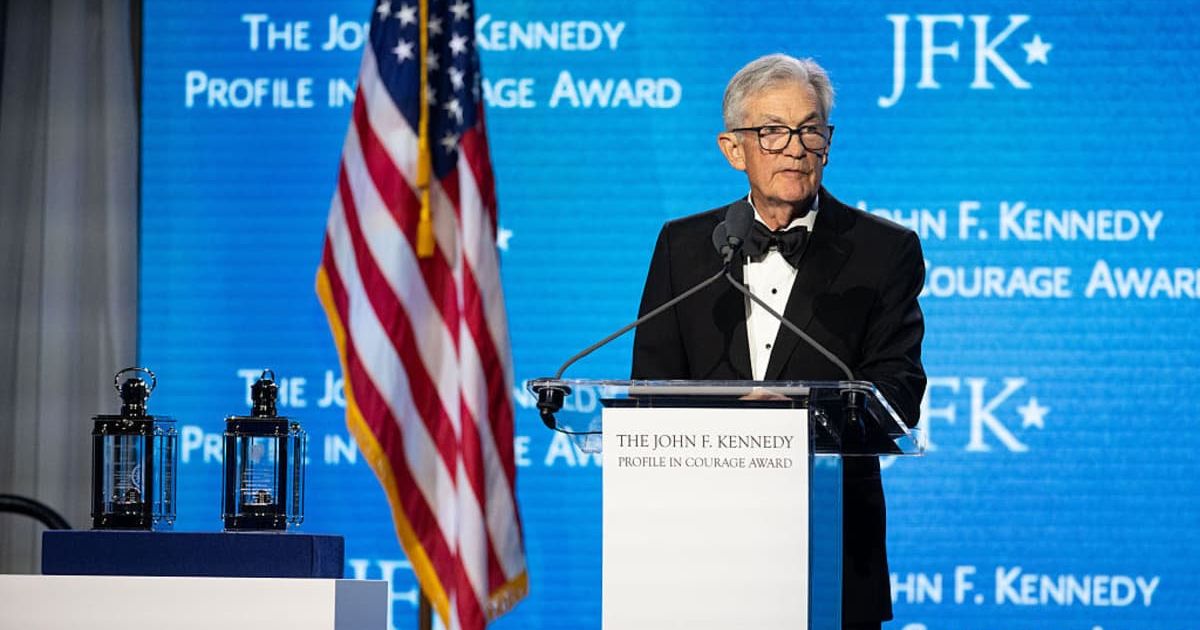 Jerome Powell, the 16th Chair for the US Federal Reserve, speaks after receiving the 2026 John F Kennedy Profile in Courage Award on May 31, 2026, in Boston, Massachusetts (Scott Eisen/Getty Images)