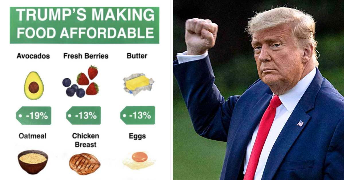 President Donald Trump took to Truth Social to share a graphic highlighting price declines in food items such as avocados, fresh berries, eggs, and butter (@realdonaldtrump/Truth Social, Getty Images)