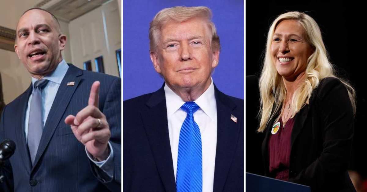A post alleged that Reps Thomas Massie, Lauren Boebert, Nancy Mace, Mike Flood, and former Rep Marjorie Taylor Greene were coordinating with Dem Leader Hakeem Jeffries on a bipartisan effort to remove President Donald Trump from office (AP Photo, Getty Im