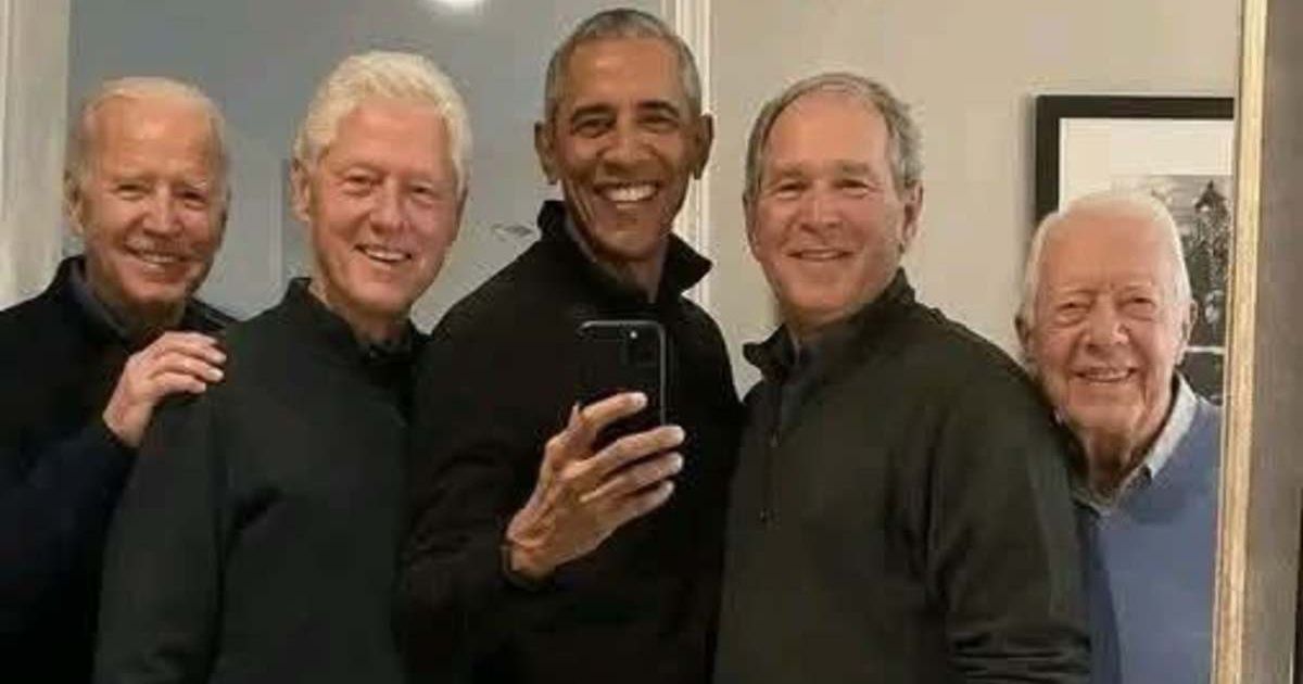 A viral post showing Joe Biden, Bill Clinton, Barack Obama, George W Bush, and Jimmy Carter together claimed Donald Trump was excluded (@Gianl1974/X)