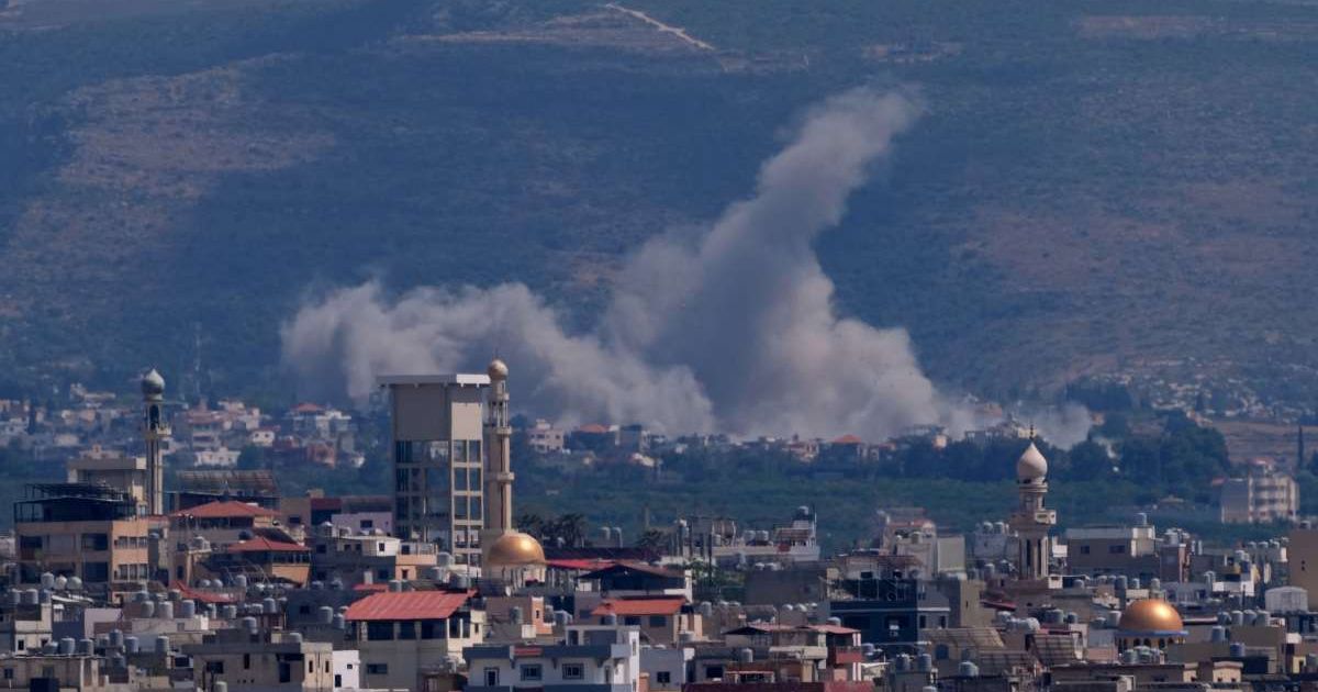 Smoke rises from an Israeli airstrike on Qlaileh village, seen from the southern Lebanese port city of Tyre on Tuesday, June 2, 2026 (AP Photo/Mohammed Zaatari)