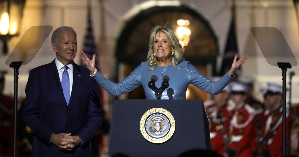 Jill Biden speaks alongside President Joe Biden ahead of a White House South Lawn performance by Elton John on September 23, 2022, in Washington, DC (Getty Images)