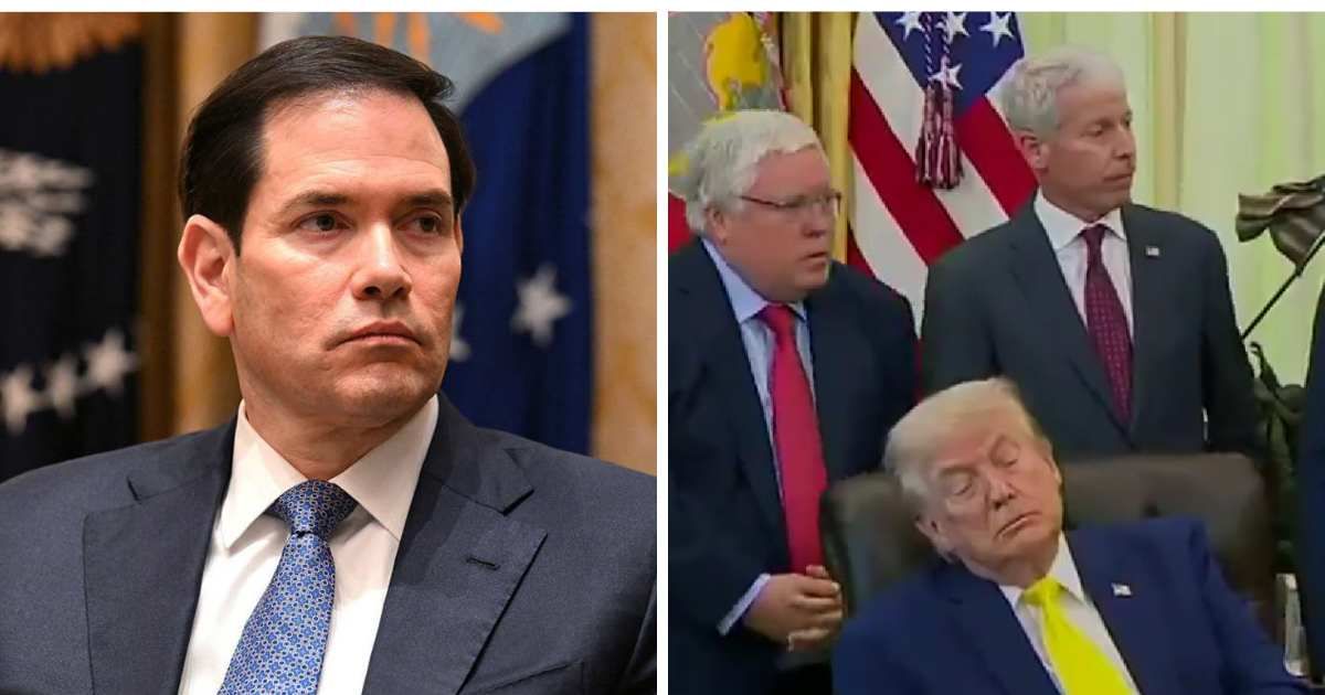 Marco Rubio's defense of Donald Trump against claims that he had fallen asleep during White House almost immediately hit a snag as the president was once again caught appearing to doze off on camera (Getty Images and Atrupar/X)