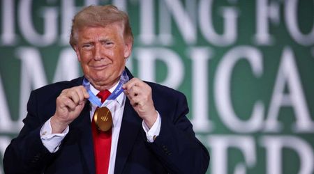 Trump jokes 'never giving this back’ after Jordan Stolz places gold medal around his neck