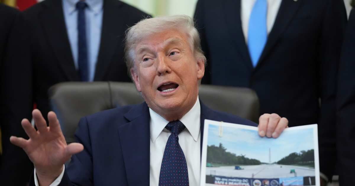 President Donald Trump celebrated the completion of restoration work at the Reflecting Pool and highlighted several planned projects in Washington (AP Photo/Mark Schiefelbein)