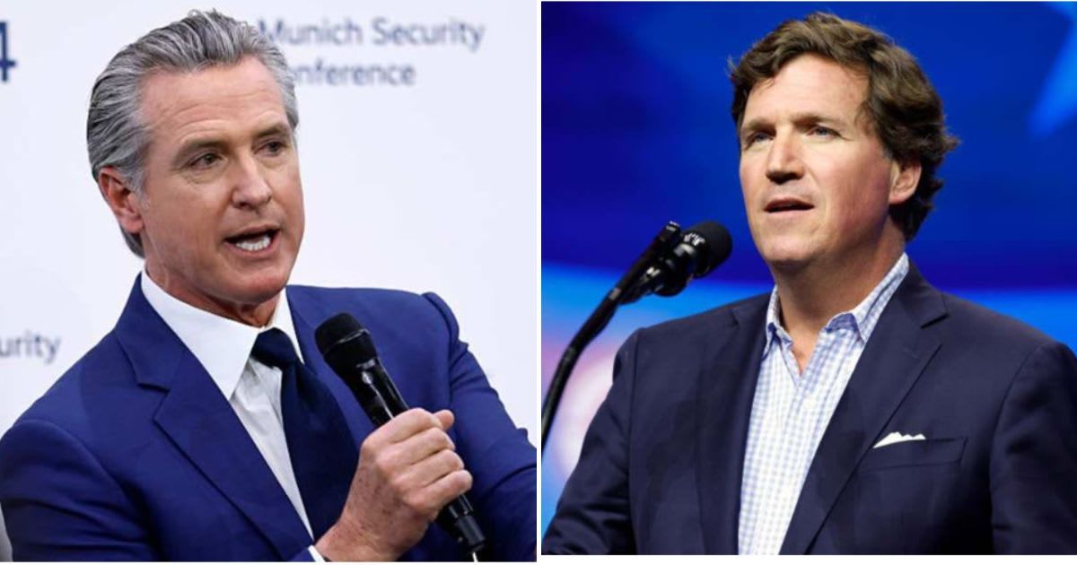 Tucker Carlson praised Gavin Newsom as a 'charming' and 'unbelievable' public speaker while discussing the California governor on his podcast (Getty images, Anna Moneymaker/Getty Images)