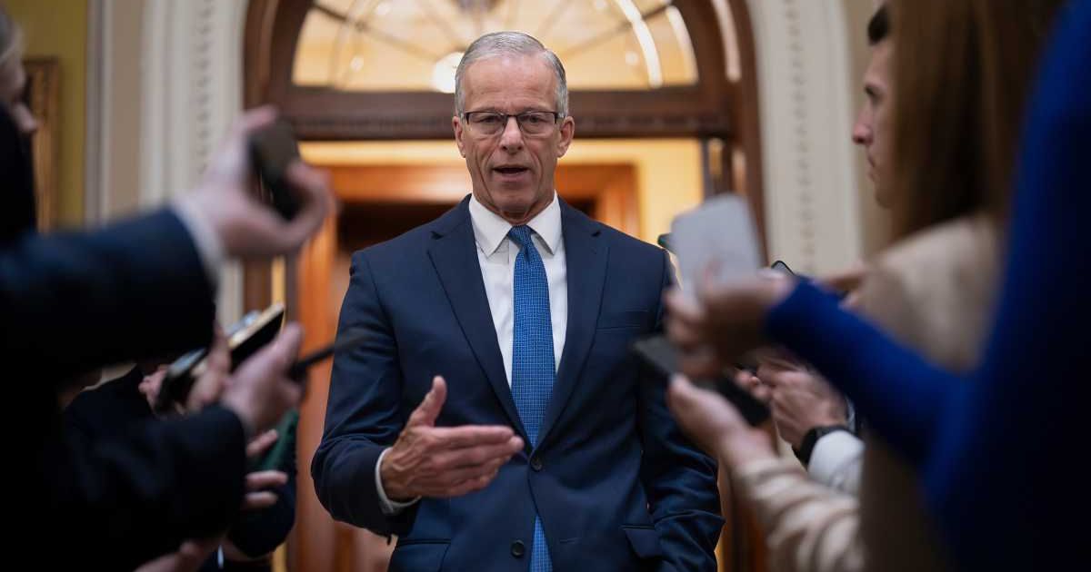 John Thune addresses reporters after Senate passes a DHS funding measure awaiting House approval, at the Capitol in Washington (Getty Images)