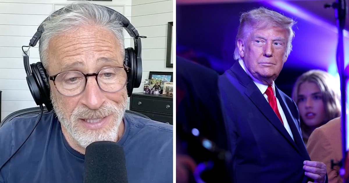 Jon Stewart said Donald Trump's claim that Knicks fans cheered him instead of booing reflects a tendency to reshape unfavorable public moments (X @weeklyshowpod/Getty Images)