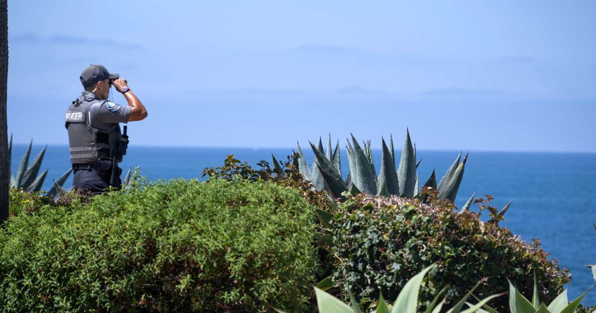 A Park Ranger scans the horizon on Wednesday, June 10, 2026, on Laguna Beach, California, where a child was swept out to sea (Mindy Schauer/The Orange County Register via AP)