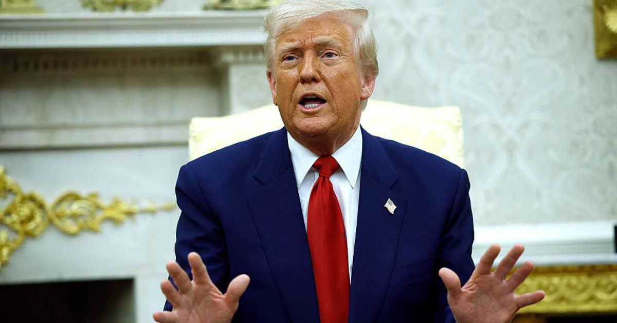 President Donald Trump answers a question during a meeting with Israeli Prime Minister Benjamin Netanyahu in the Oval Office of the White House on April 7, 2025, in Washington, DC (Getty Images)