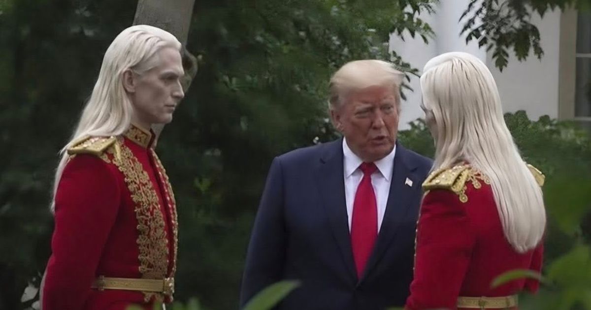 A viral image showing Trump in conversation with two pale-skinned figures has sparked online speculation (@tarabull/X)