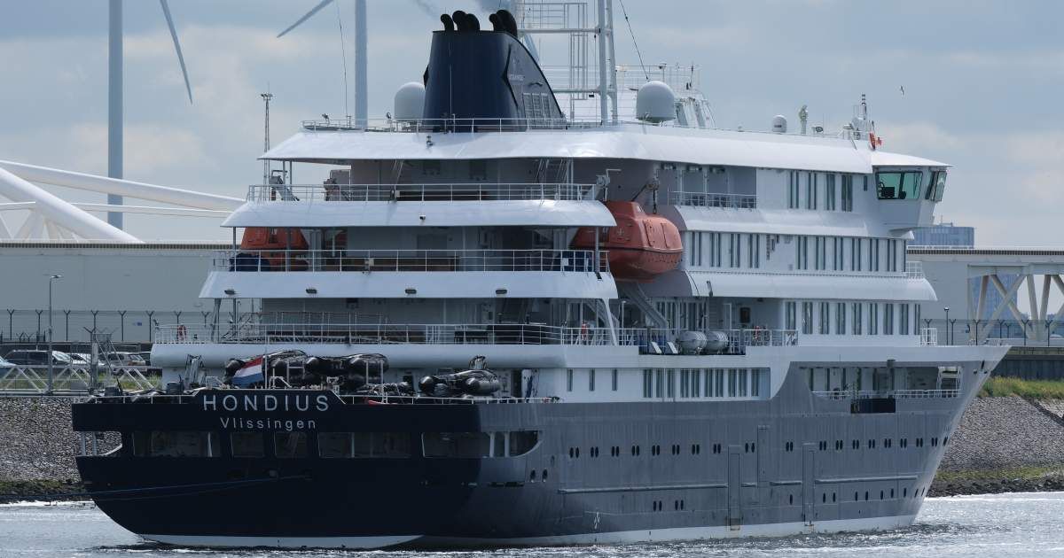 The MV Hondius cruise ship arrives at the Port of Rotterdam, Netherlands, Monday, May 18, 2026 (AP Photo/Patrick Post)