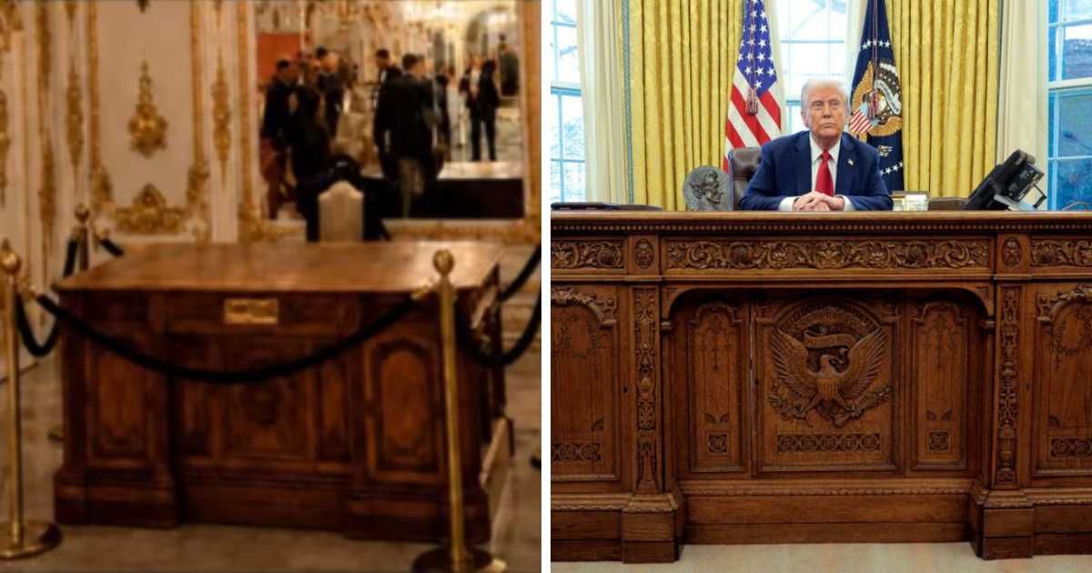 Social media posts claimed Donald Trump removed the Resolute Desk for refurbishment in 2025 and later displayed it at Mar-a-Lago (Tori Tracy/Facebook and Getty Images)