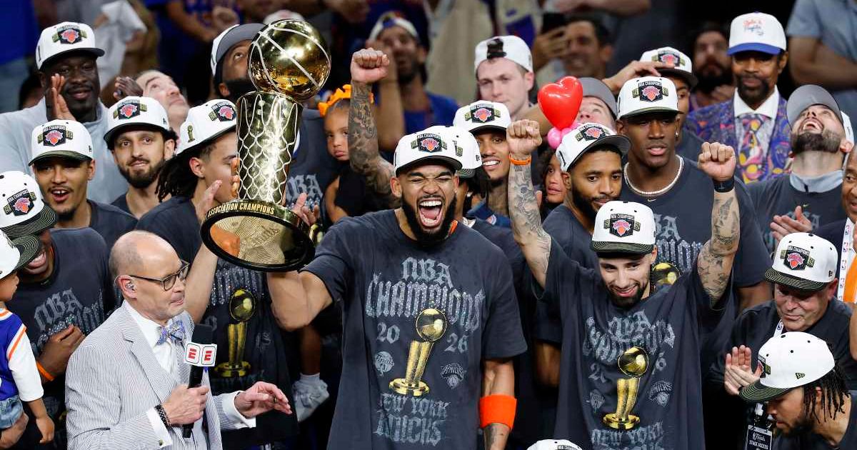 Karl-Anthony Towns celebrated with the Larry O'Brien Championship Trophy after the Knicks clinched the NBA title (Getty Images)