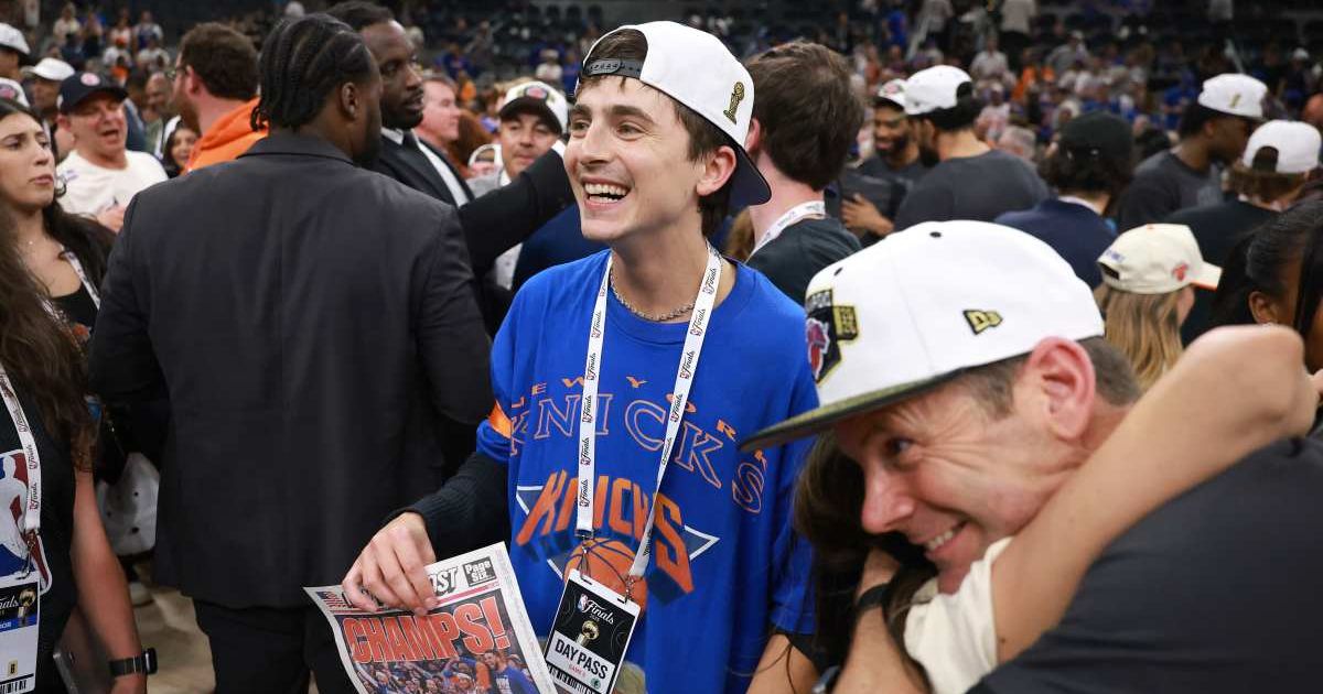 Timothee Chalamet celebrated with New York Knicks players after their NBA Finals-clinching victory over the Spurs on June 13, 2026, in San Antonio, Texas (Gregory Shamus/Getty Images)