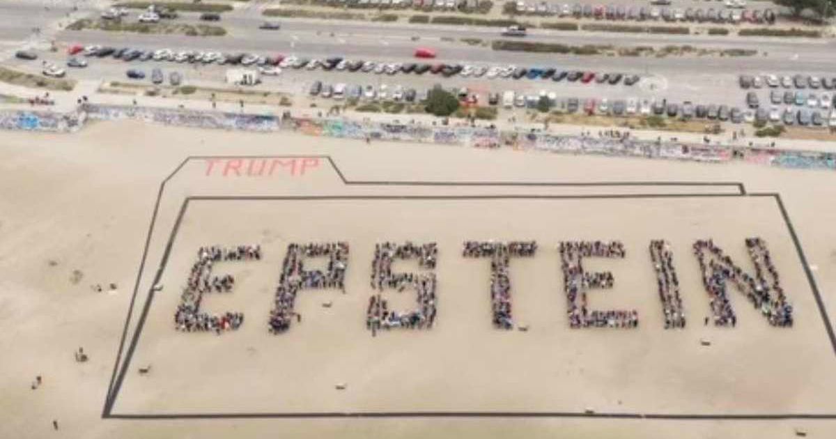A viral post claimed protesters formed a giant 'EPSTEIN' banner on Ocean Beach on Donald Trump's birthday to demand release of Jeffrey Epstein files (@opshqs/X)
