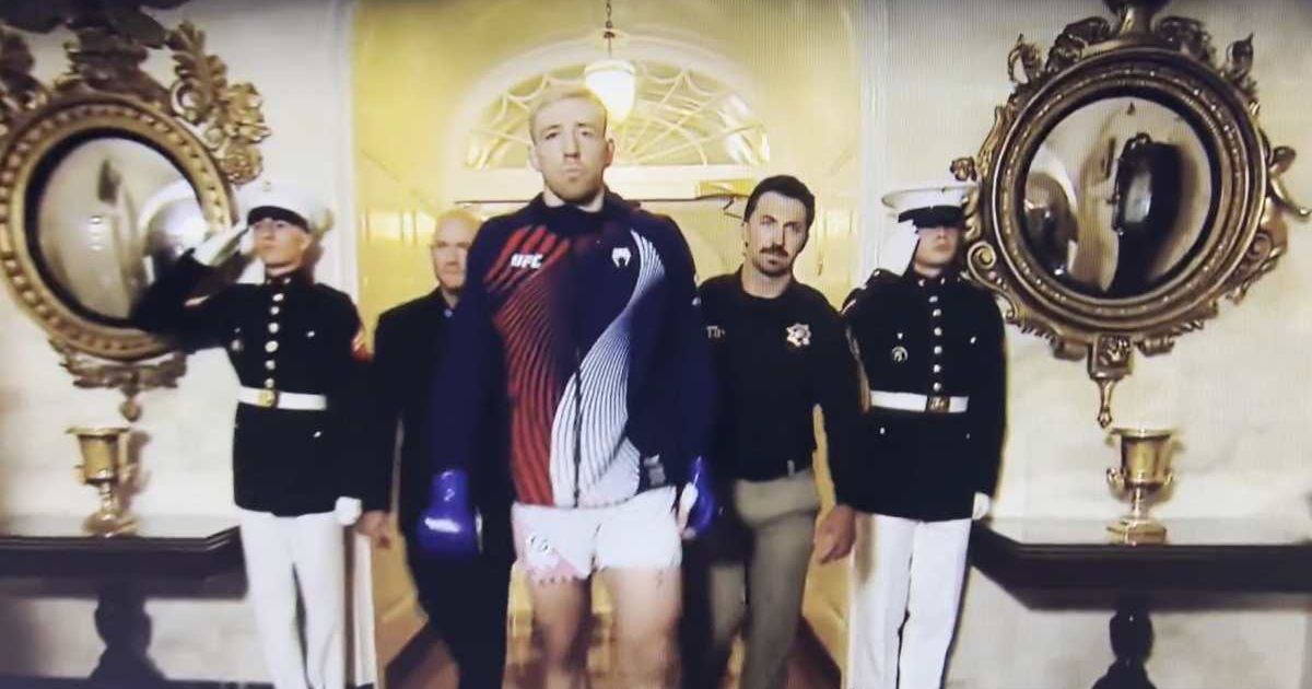 The footage appears to show US service members saluting a UFC fighter during a White House event linked to the historic fight card (@SkylineReport/X)