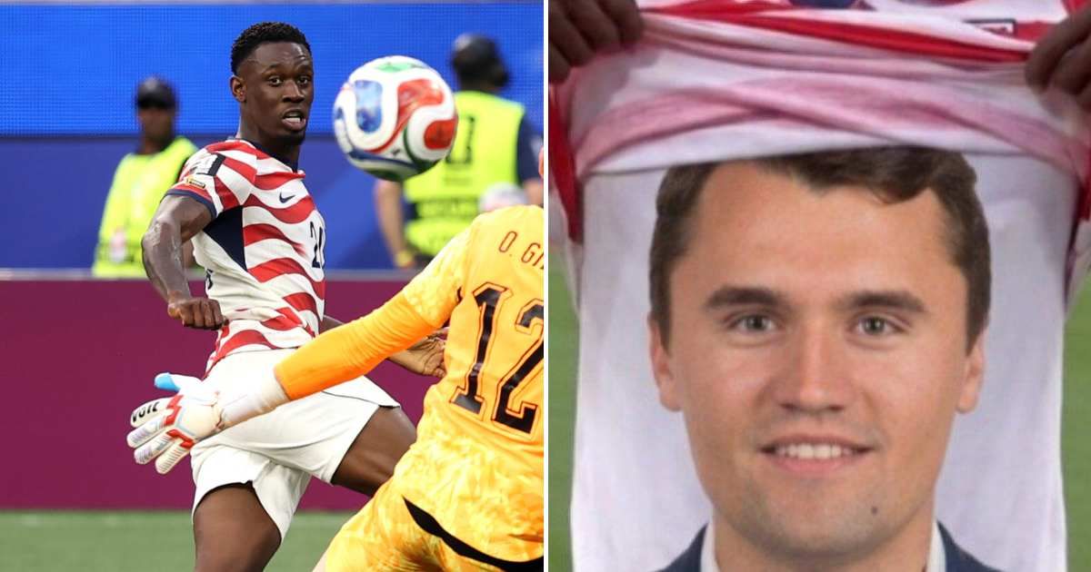 After the United States' World Cup-opening win, an image claimed that Folarin Balogun revealed a Charlie Kirk shirt while celebrating a goal (Getty Images, @xakundo/X)