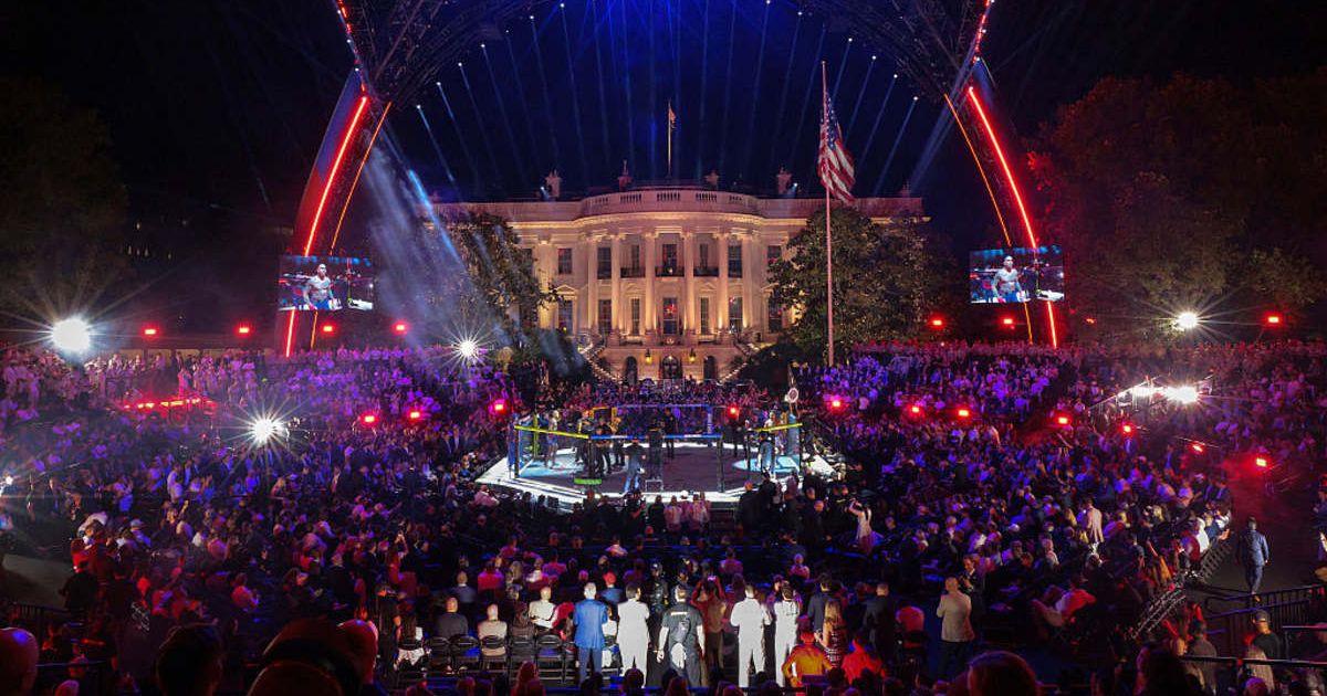 Guests, including members of the US military, attend the Ultimate Fighting Championship (UFC) Freedom 250 mixed martial arts event under the open-air 'Claw' on the South Lawn of the White House on June 14, 2026, in Washington, DC (Getty Images)