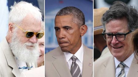 Stephen Colbert and David Letterman pay homage to Obama’s tan suit controversy by donning one