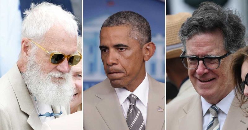 Stephen Colbert and David Letterman pay homage to Obama’s tan suit controversy by donning one