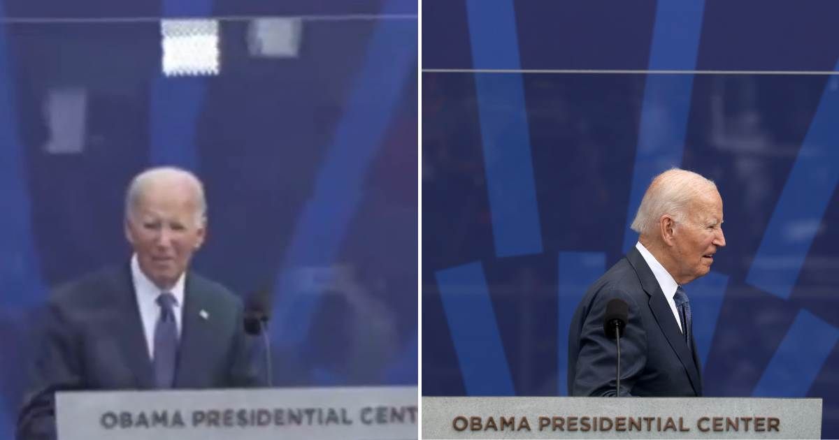 Joe Biden remained on stage after the ceremony ended at the Barack Obama Presidential Center opening in Chicago (@ImMeme0, Getty Images)
