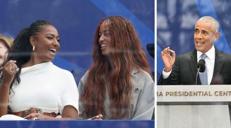 Malia and Sasha burst into laughter over dad Barack's gray hair at Obama Presidential Center opening
