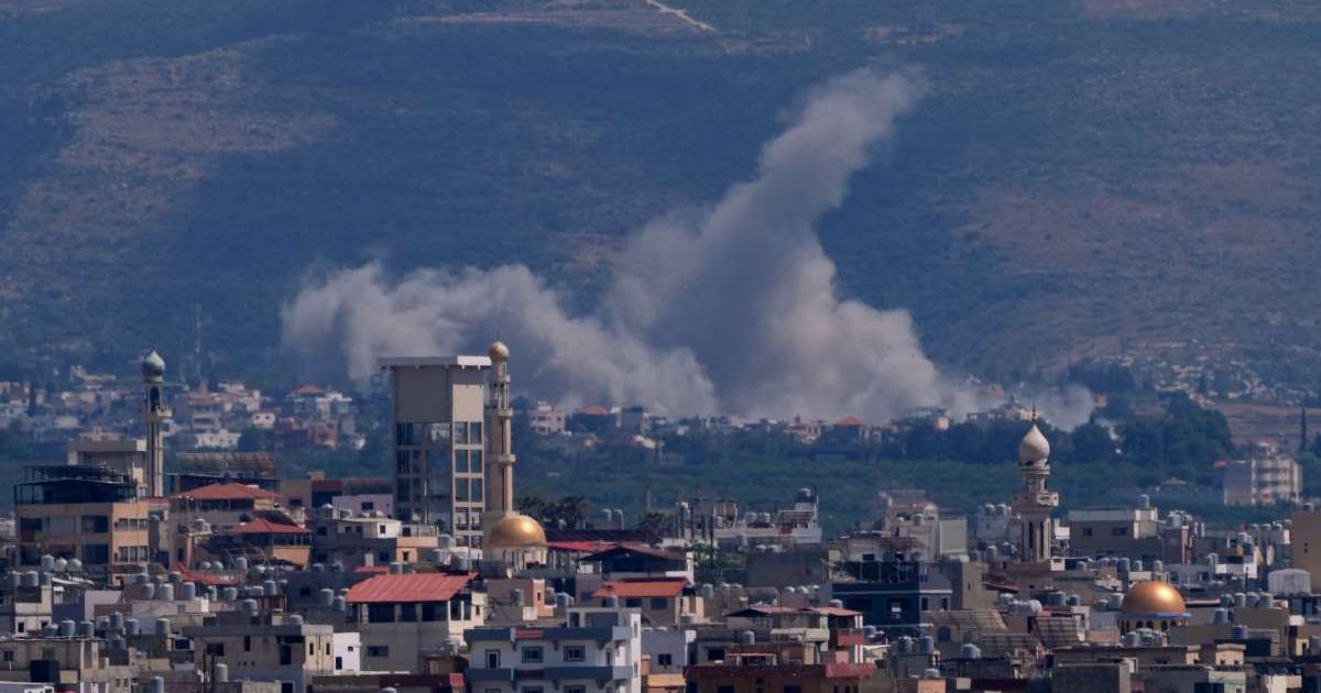 Smoke rises from an Israeli airstrike that hit Qlaileh village, as seen from the southern port city of Tyre, Lebanon, Tuesday, June 2, 2026 (AP Photo/Mohammed Zaatari)