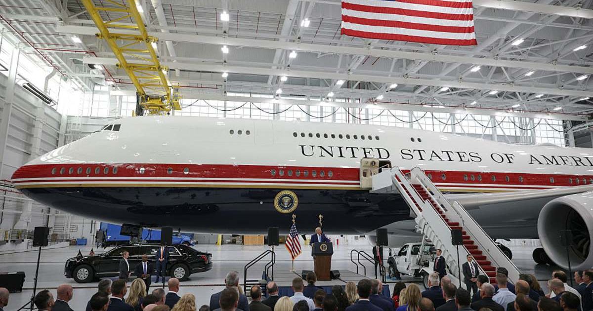 President Donald Trump delivers remarks after touring the newest aircraft in the presidential fleet at Andrews Air Force Base on June 19, 2026, at Joint Base Andrews, Maryland (Alex Wong/Getty Images)