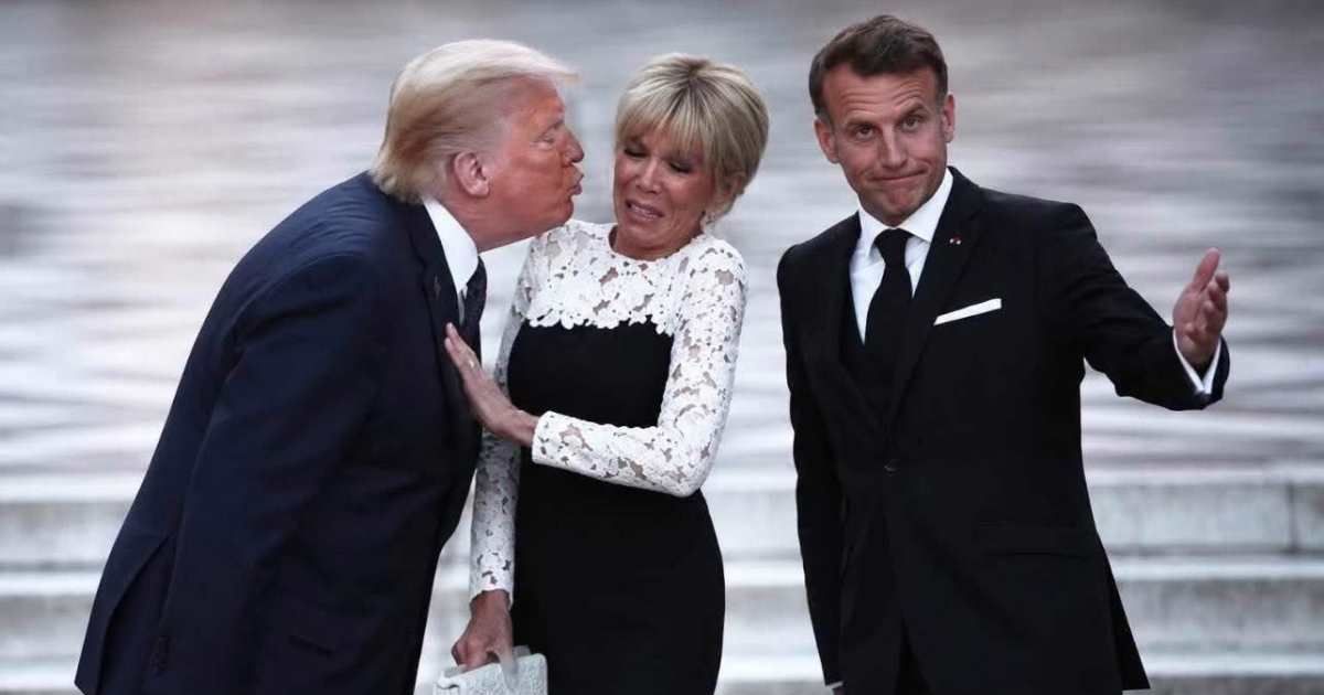 The viral photo showing Brigitte Macron pulling away from Donald Trump as he leans in for a kiss has sparked both mockery and criticism of the president, indicating that many believe it to be real (@EastEndJoe/X)