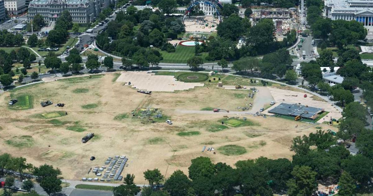 A viral post claims that the grass on the Ellipse was severely damaged after the massive UFC viewing party on June 14 (@mediastouch/X)