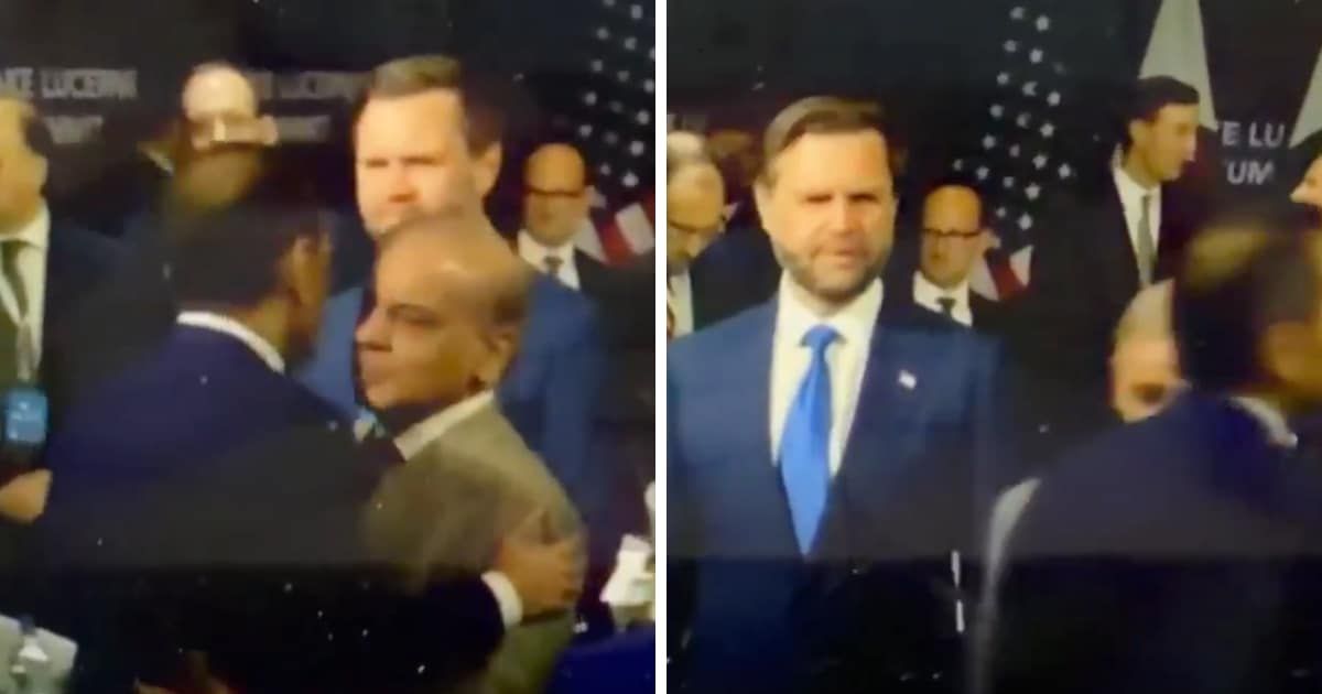 A video went viral showing Qatari Prime Minister Sheikh Mohammed bin Abdulrahman Al Thani walking by Vance and embracing Pakistani Prime Minister Shehbaz Sharif and Chief of Defense Forces Field Marshal Syed Asim Munir (@PamelaGeller/X)