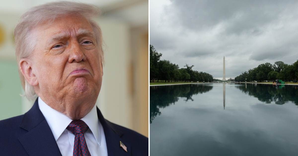 President Donald Trump announced six arrests over Reflecting Pool vandalism, claiming investigators found a 350-foot gash caused by overnight sabotage (AP Photos, @realDonaldTrump/Truth Social)