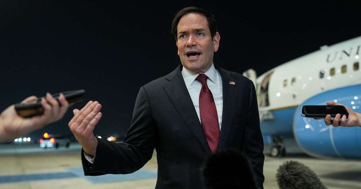 Secretary of State Marco Rubio speaks to the media upon his arrival at Al Bateen Executive Airport, in Abu Dhabi, United Arab Emirates, Tuesday, June 23, 2026 (Eric Lee/Pool Photo via AP)