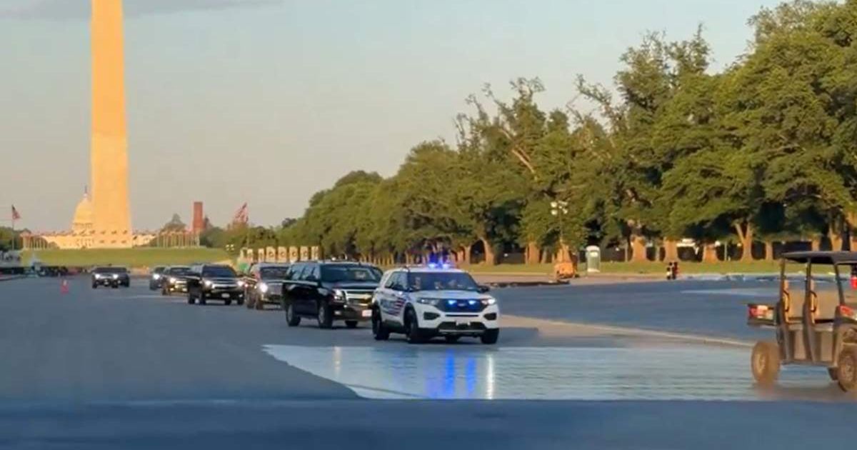 A White House official shared a video on May 7, 2026, showing the presidential motorcade crossing the landmark (@ThePatriotOasis/X)