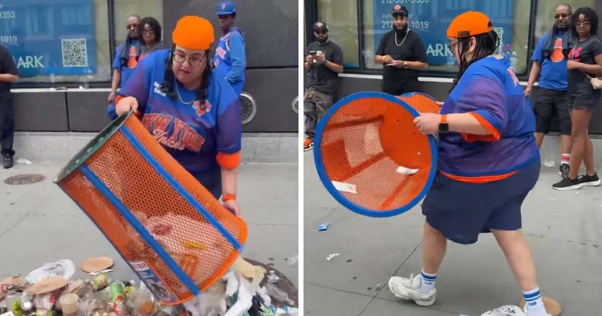 Angie Báez faced scrutiny after a video surfaced showing her stealing a limited-edition blue-and-orange trash can from a Manhattan sidewalk (@WorldLatinHoney/X)