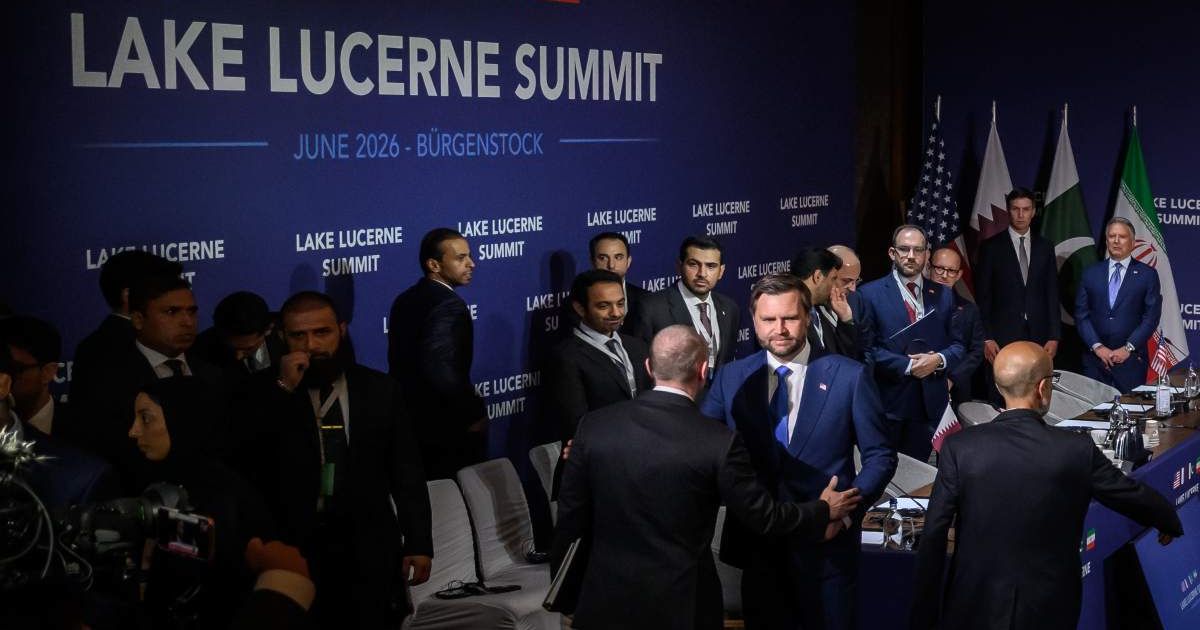 US Vice President JD Vance stands prior to a quadrilateral meeting between the United States, Iran, Pakistan and Qatar at the Burgenstock luxury hotel complex overlooking Lake Lucerne, Switzerland (Fabrice Coffrini/Keystone via AP)