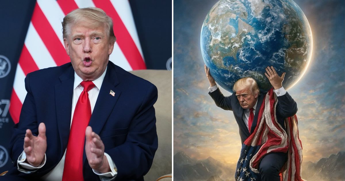 President Donald Trump shared an AI-generated image on Truth Social showing himself carrying Earth while draped in an American flag, portraying himself as a god (AP, @realDonaldTrump/Truthsocial)