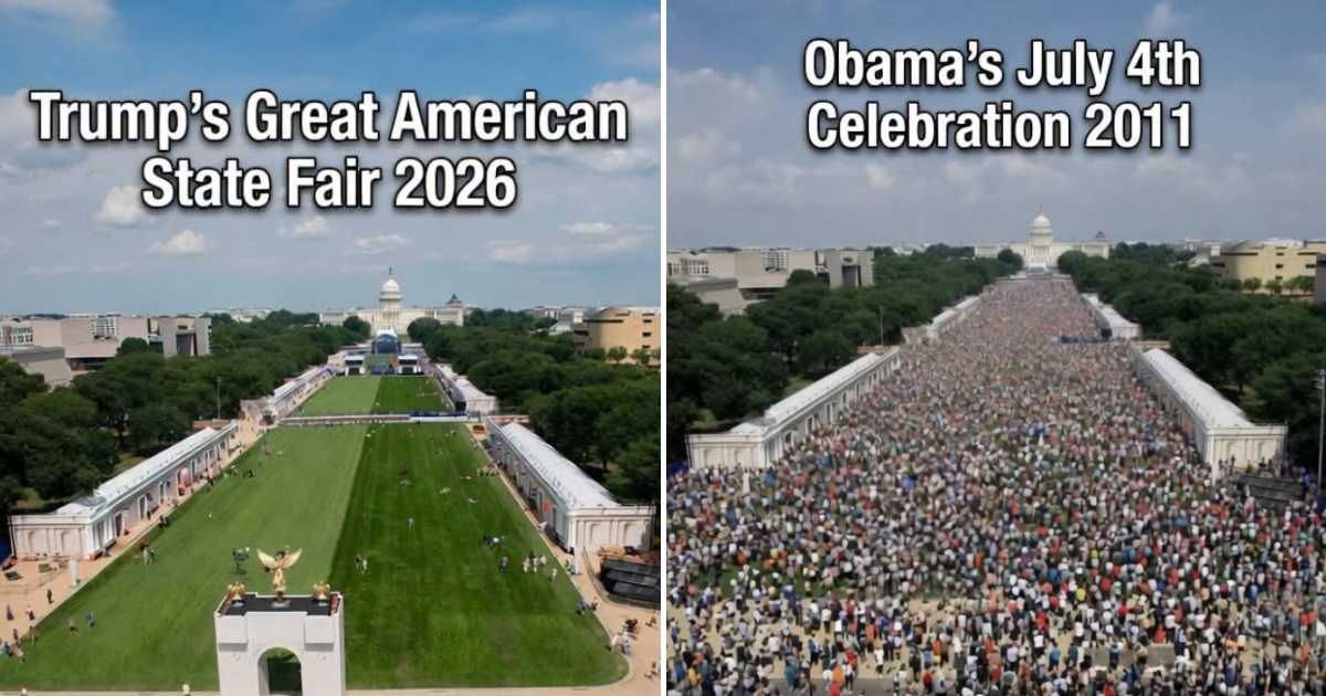 The viral side-by-side aerial photos compare the crowd at Donald Trump's 2026 Great American State Fair with Barack Obama's 2011 July 4th celebration (@HighOpa/X)