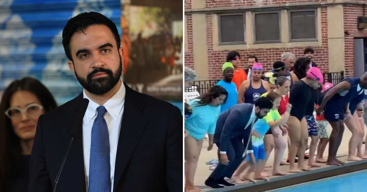 A viral post on X claims Zohran Mamdani revealed he received death threats after he jumped into a public pool to kick off New York City's summer pool season (Getty Images, @hashjenni/X)