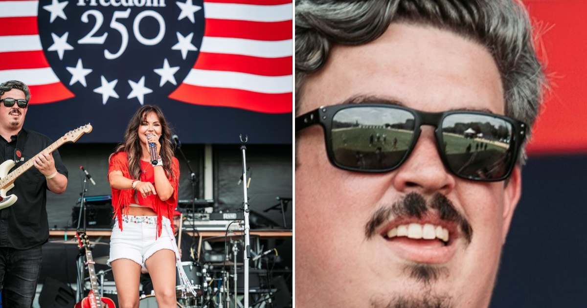 A viral image from Donald Trump's Great American State Fair appeared to show a sparse crowd reflected in a guitarist's sunglasses, sparking debate (@keithedwards/X)
